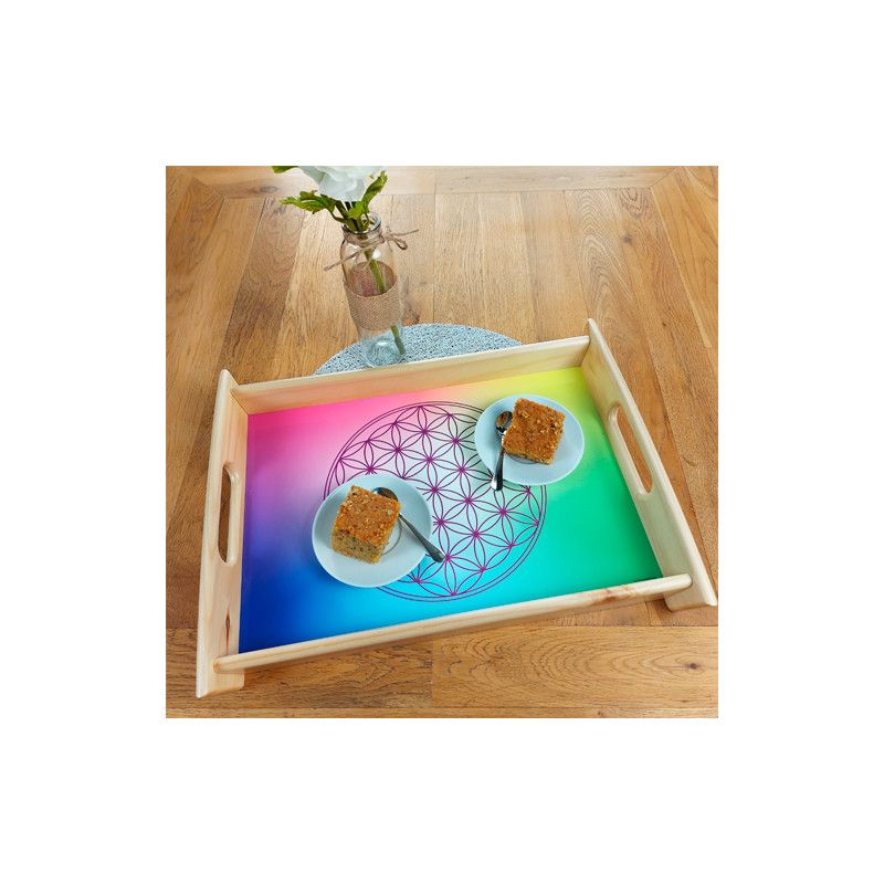 Großes servierplatte-holz Blume des Lebens multicolor
