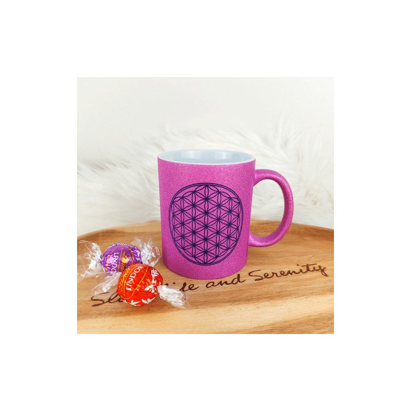 Tasse Blume des Lebens violett mit Glitter