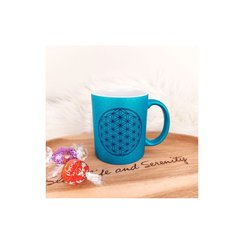 Tasse Blume des Lebens - glitzernd blau