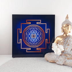 Energising wooden tray with Sri Yantra (blue background)