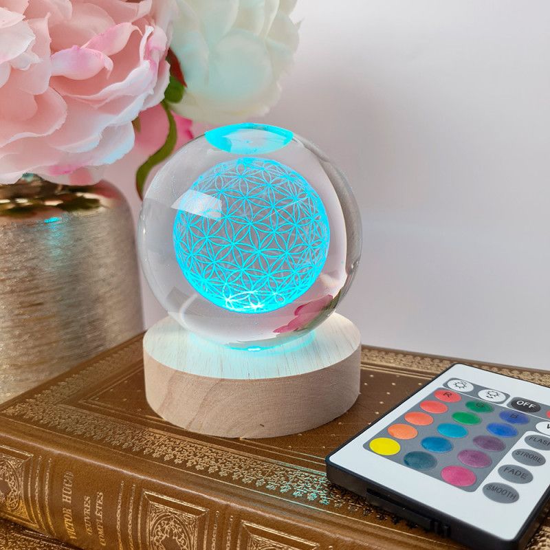 1pc 3D inciso al laser fiore della va sfera di cristallo RGB 16 colori illuminazione notturna Chakra guarigione griglia fiore globo regalo spiruale  39