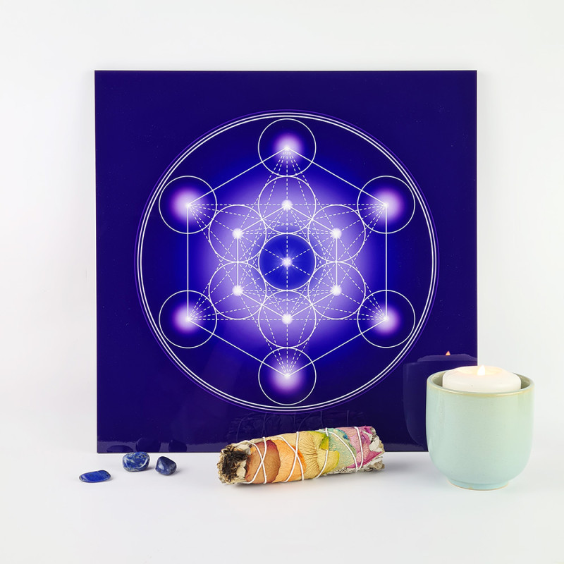 Energetische Holzplatte Metatron-Würfel Chakrenfarben