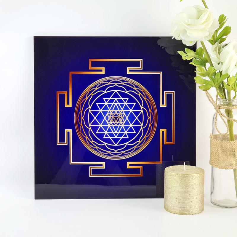 Plateau dynamisant Sri Yantra (fond bleu)