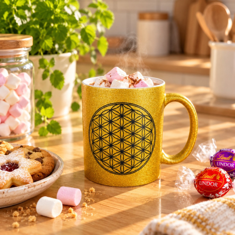 Tasse Blume des Lebens goldfarben mit Glitter