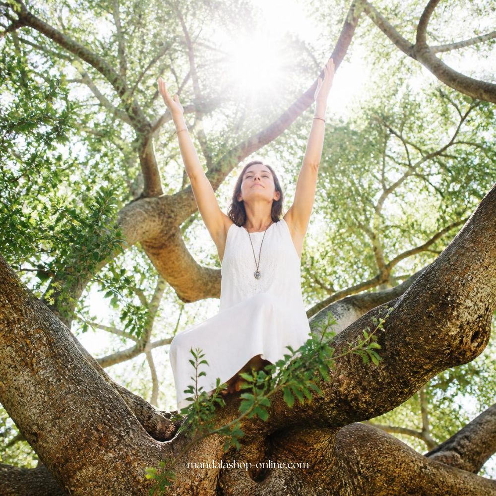 Woman meditating in a majestic tree bathed in light, illustrating the Tree of Life symbol, grounding, spiritual growth, and the connection between Earth and Sky.