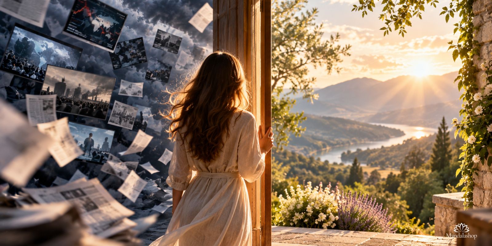 Una donna di fronte a una porta aperta, tra un vortice di notizie che suscitano ansia e un paesaggio luminoso, simbolo di discernimento e di pace interiore.