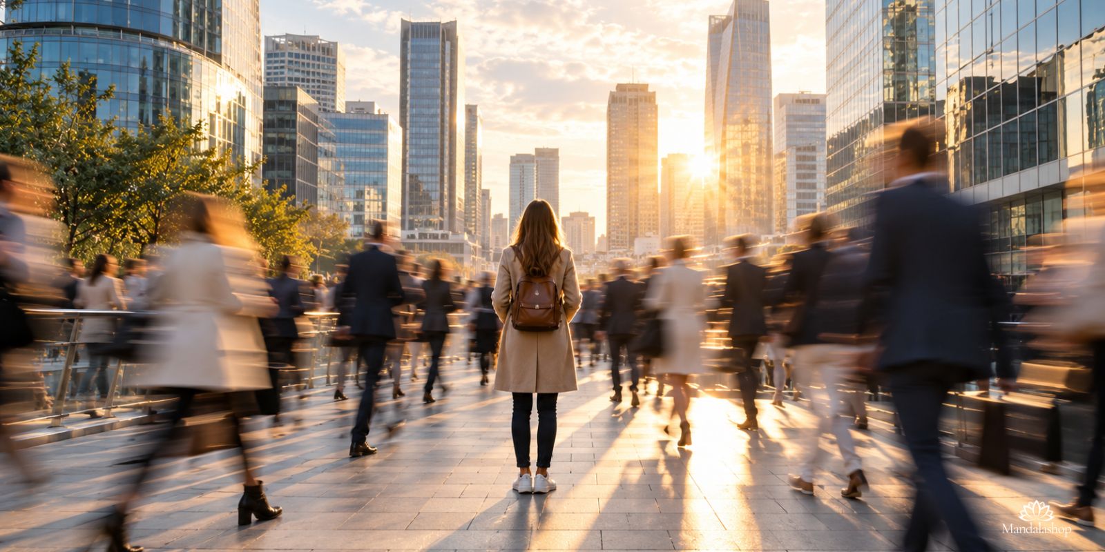 Una donna immobile in mezzo a una folla frettolosa e sfocata in una città moderna, a simboleggiare la corsa incessante della nostra società.