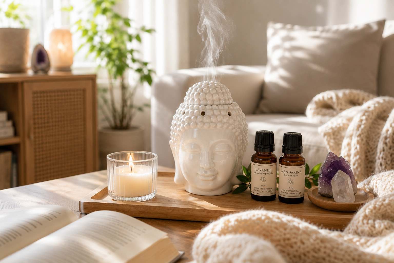Ambiance bien-être avec bougie, cristaux et décoration zen