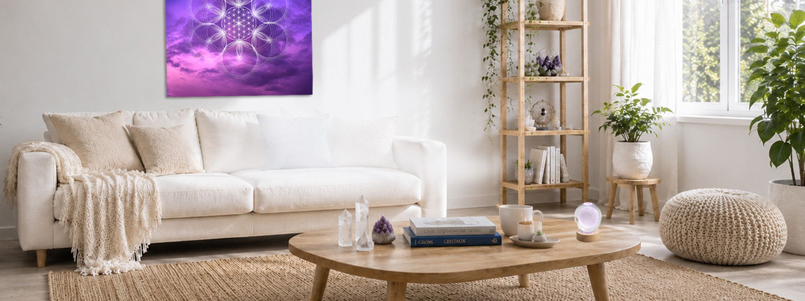 Salon zen avec toile Fleur de Vie et boule lumineuse de géométrie sacrée