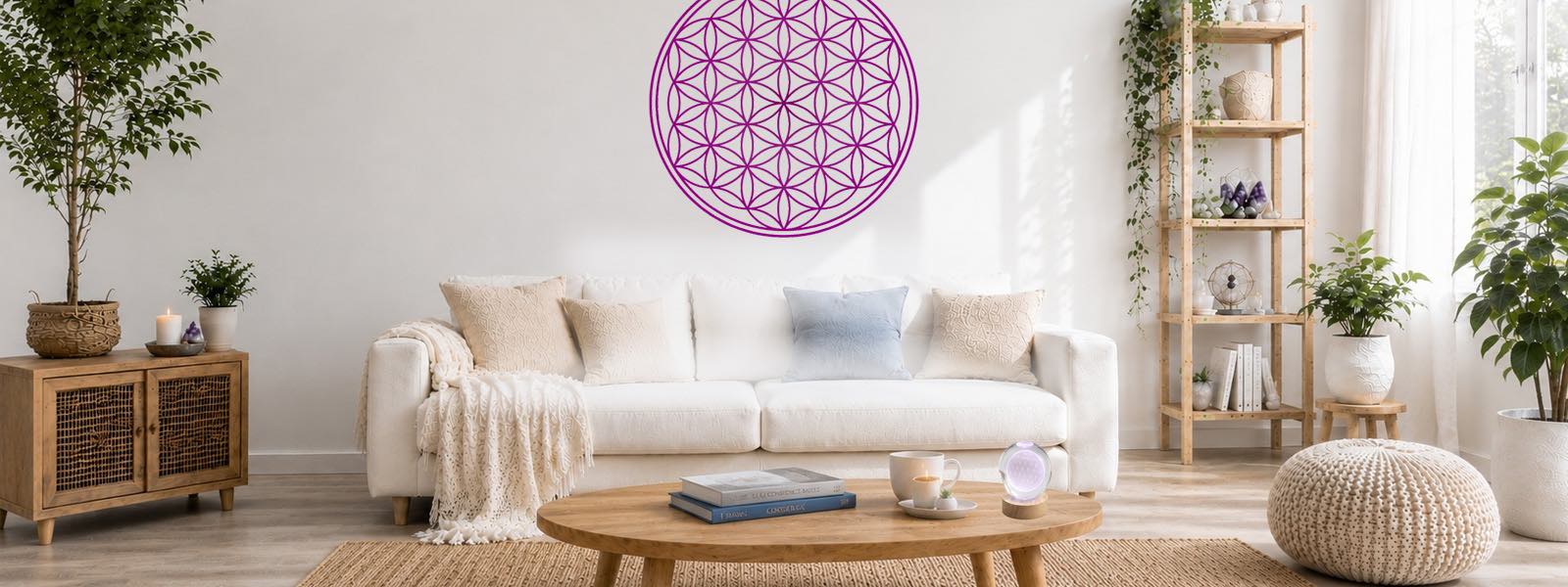 Salon zen avec toile Fleur de Vie et boule lumineuse de géométrie sacrée