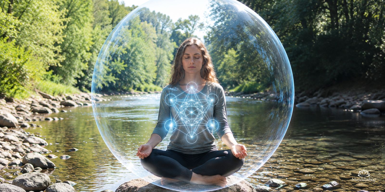 Donna in meditazione circondata da una bolla luminosa, che visualizza un Cubo di Metatron davanti a sé, simbolo dell'attivazione della protezione energetica e della connessione spirituale attraverso la geometria sacra