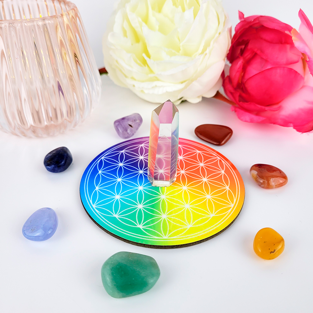 Disco armonizador mandala Flor de la Vida 7 chakras con cristal y piedras naturales