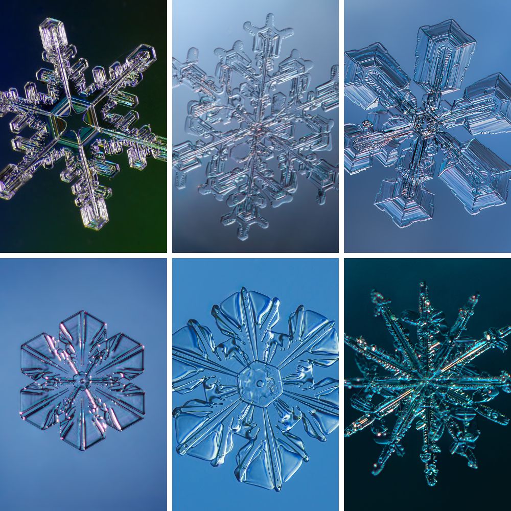 Snowflakes seen up close, hexagonal crystals illustrating sacred geometry in frozen water