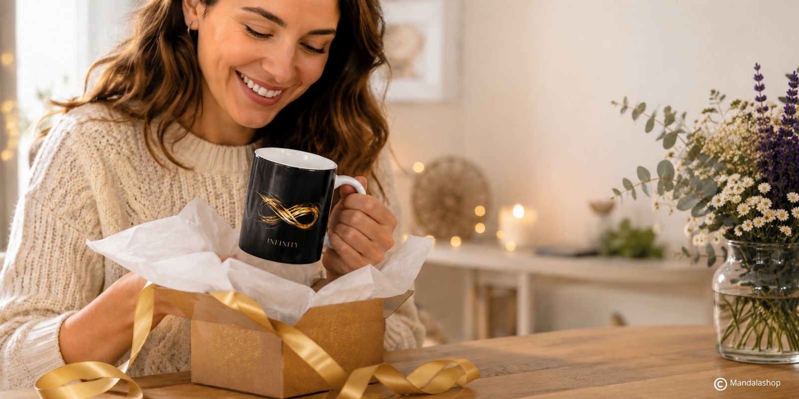 Une collaboratrice découvre avec le sourire un mug Mandalashop offert par son comité d'entreprise (CSE), une idée cadeau originale pour les salariés.
