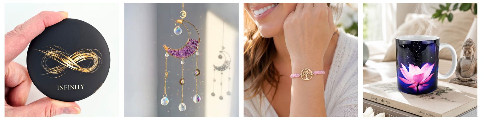 Selección de detalles de boda: imán personalizado, atrapasol de cristal, pulsera simbólica y taza como regalos para invitados de boda.