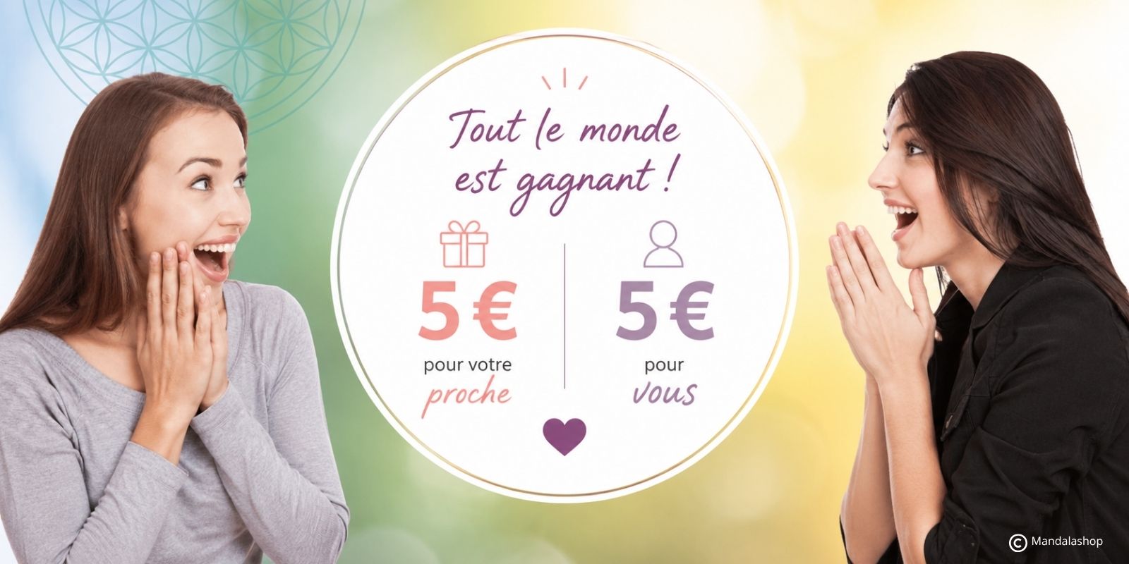 Programme de parrainage Mandalashop : invitez vos proches et bénéficiez de 5 € de récompense, tandis que votre filleul reçoit également 5 €.