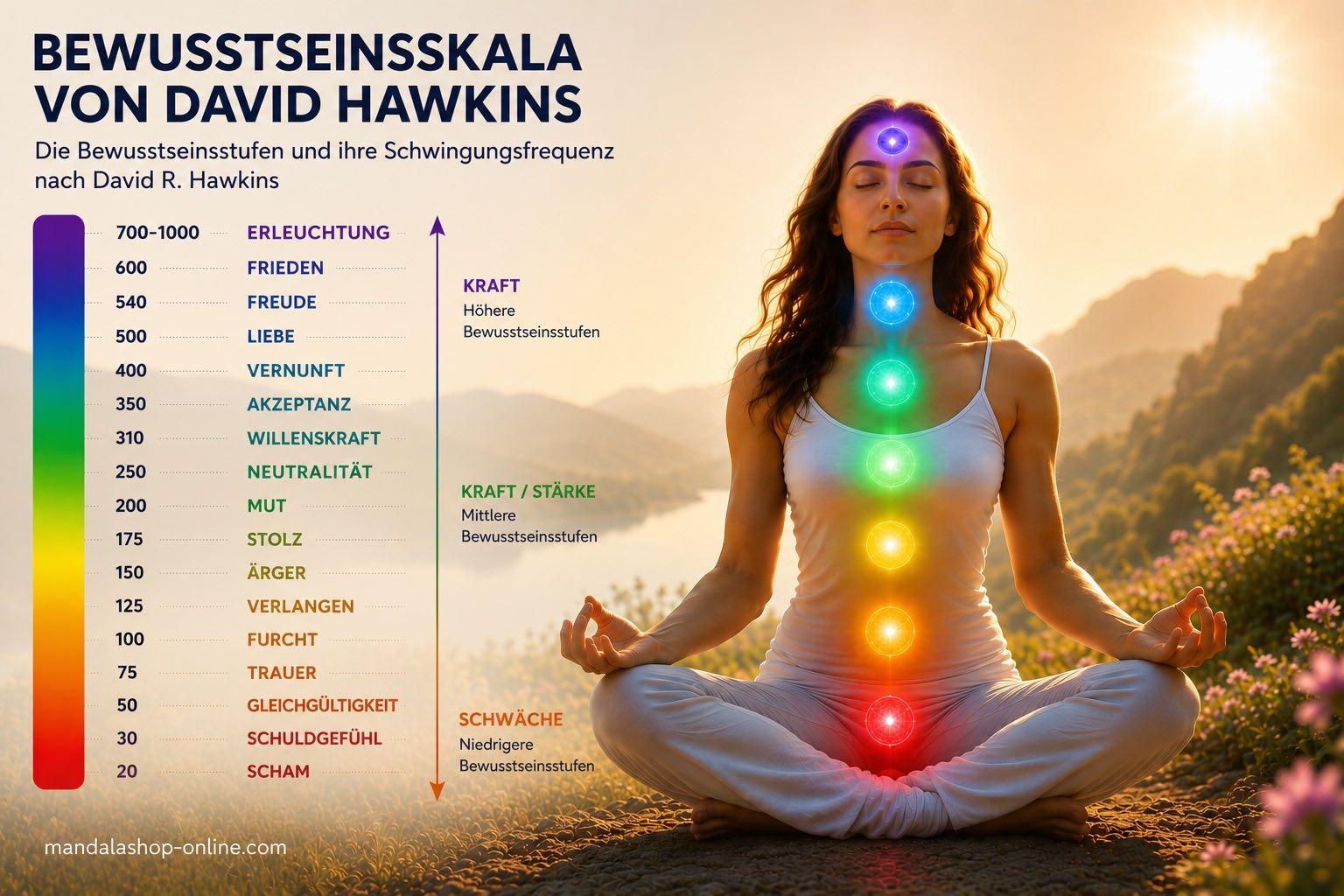 Darstellung der Bewusstseinsskala von David Hawkins mit den wichtigsten Bewusstseinsstufen, von der Scham bis zum spirituellen Erwachen.