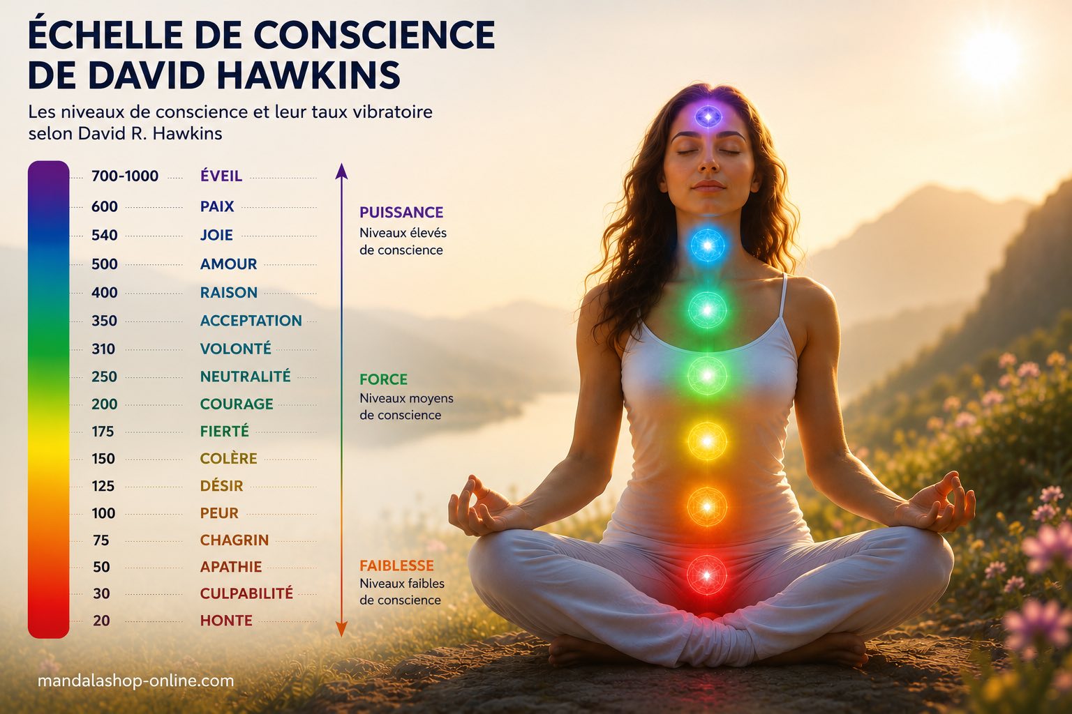 Illustration de l'échelle de conscience de David Hawkins avec les principaux niveaux de conscience, de la honte à l'éveil spirituel.
