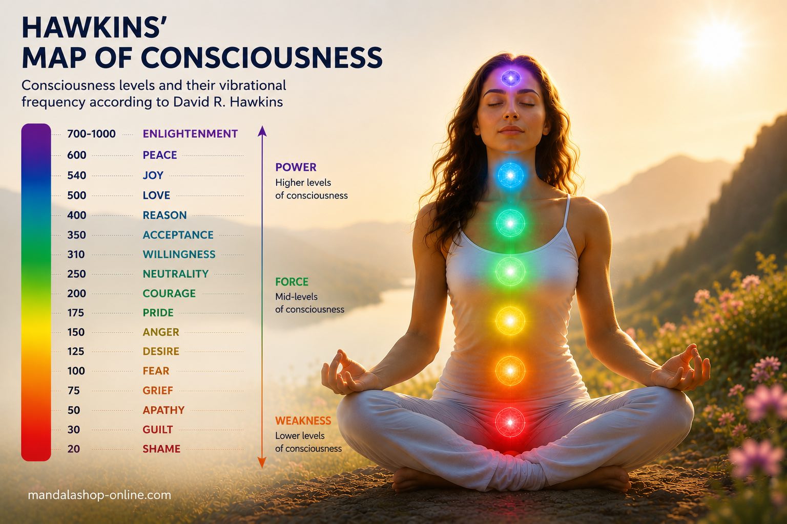 Illustration of David Hawkins' Map of Consciousness, showing the main levels of consciousness, from shame to spiritual awakening.