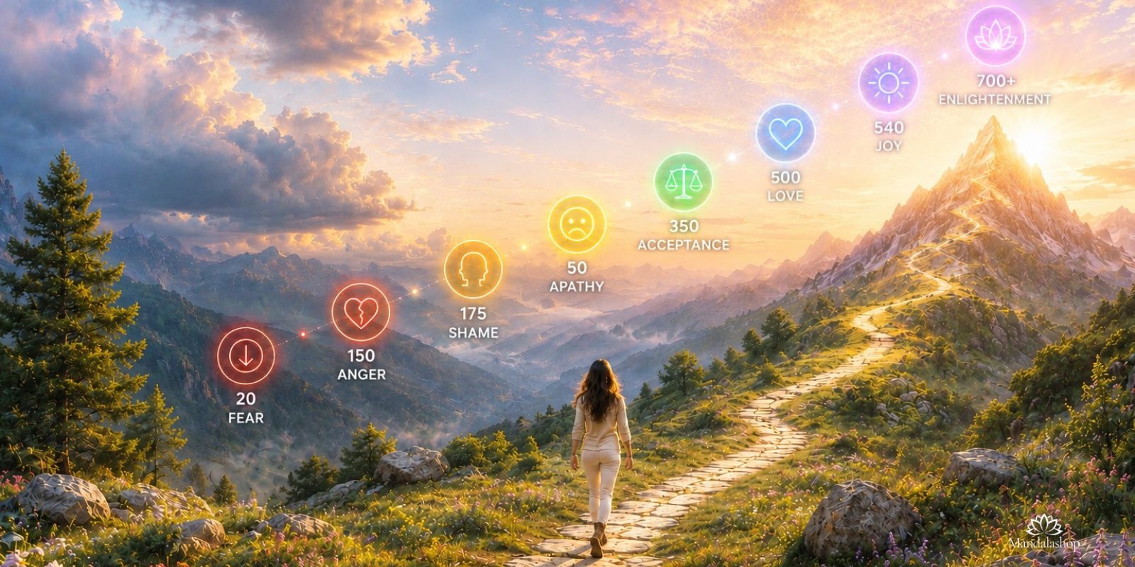 A path symbolizing progress through the various levels of consciousness according to David Hawkins' map.