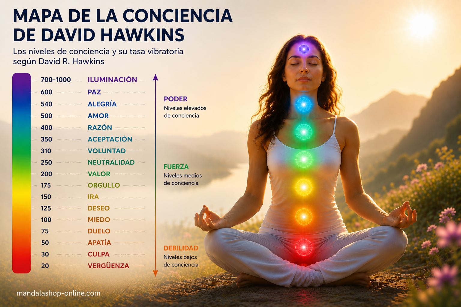 Ilustración del mapa de la conciencia de David Hawkins con los principales niveles de conciencia, desde la vergüenza hasta el despertar espiritual.