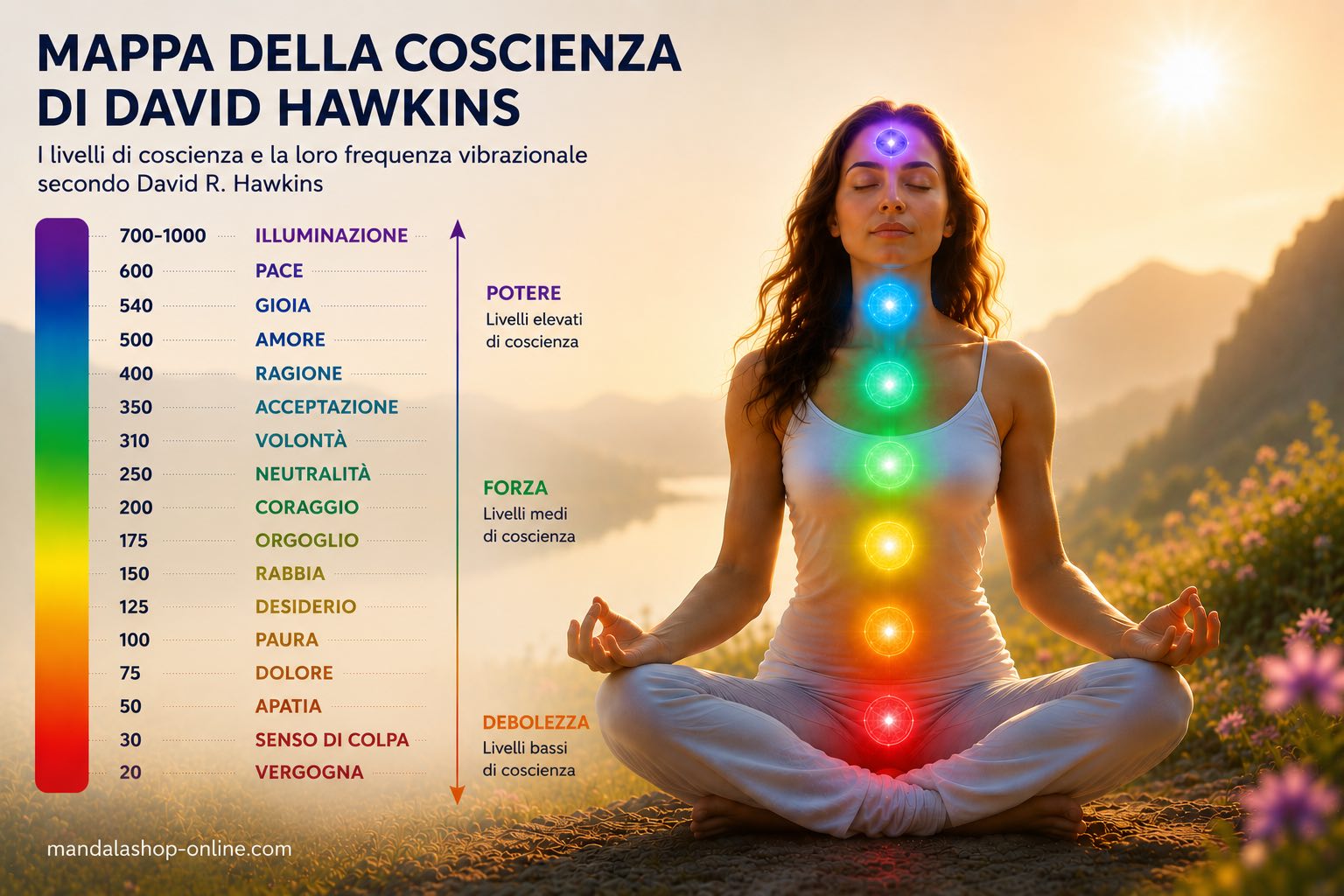 Illustrazione della mappaa della coscienza di David Hawkins con i principali livelli di coscienza, dalla vergogna al risveglio spirituale.