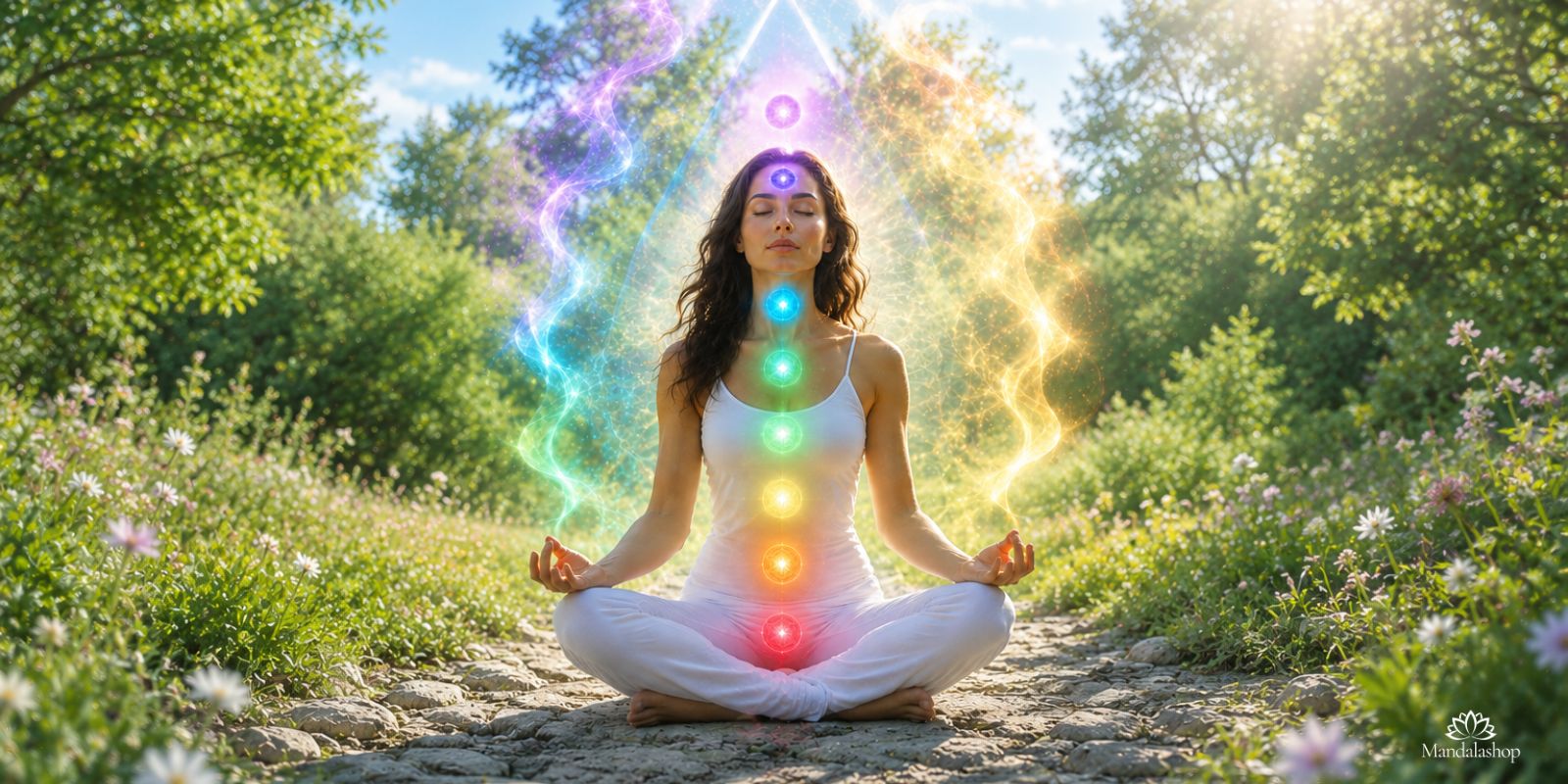 Woman meditating in nature, surrounded by luminous energy halos and colorful energy centers, illustrating the concept of vibrational frequency and inner harmony.