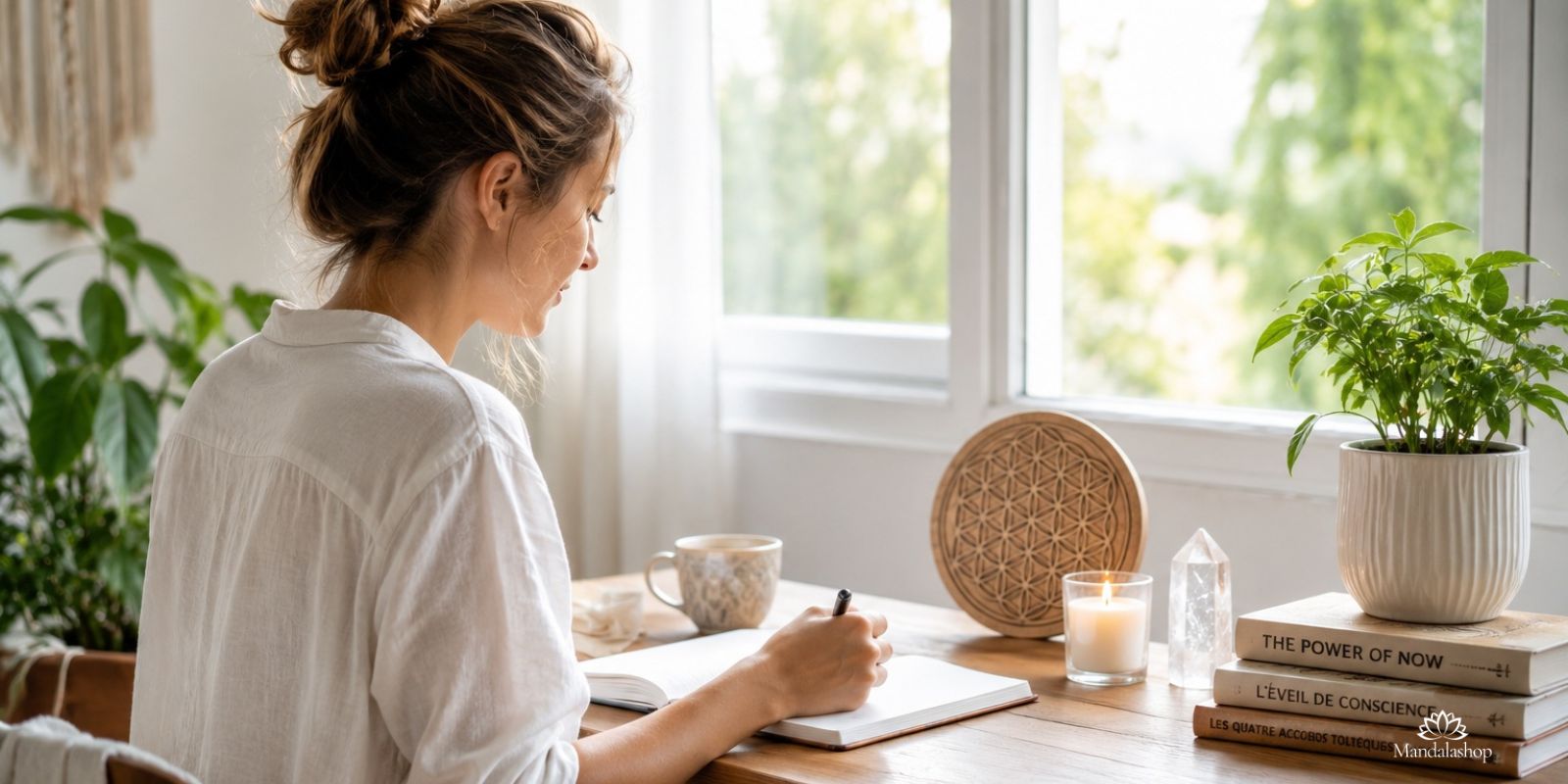 A person writing in a notebook during a moment of introspection inspired by David Hawkins' map of consciousness.