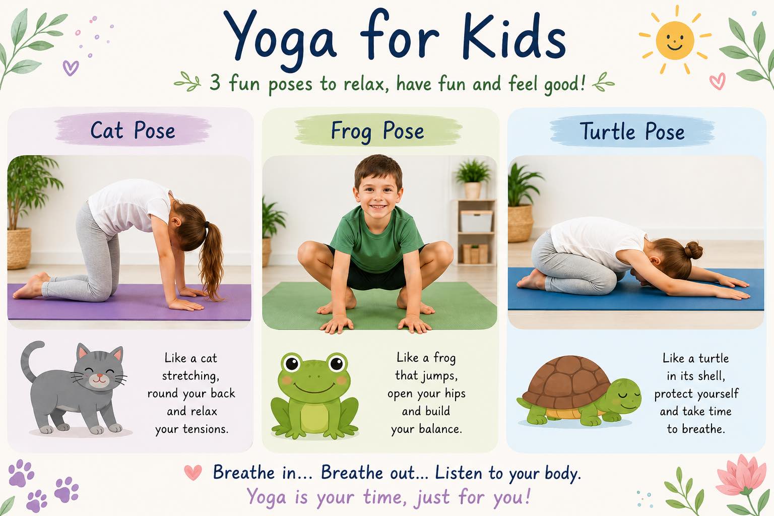 Drawings of yoga poses for children, symbolizing the benefits of yoga for improving concentration, confidence, and well-being in young people