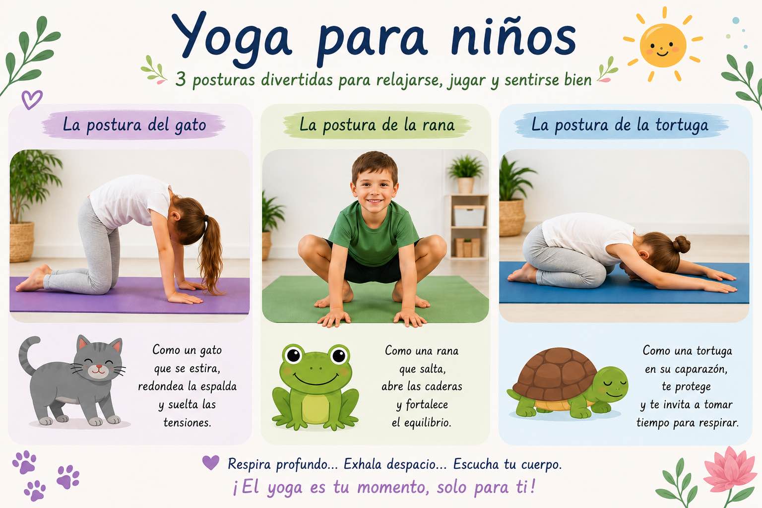 Dibujos de posturas de yoga para niños, que simbolizan los beneficios del yoga para mejorar la concentración, la confianza y el bienestar en los jóvenes