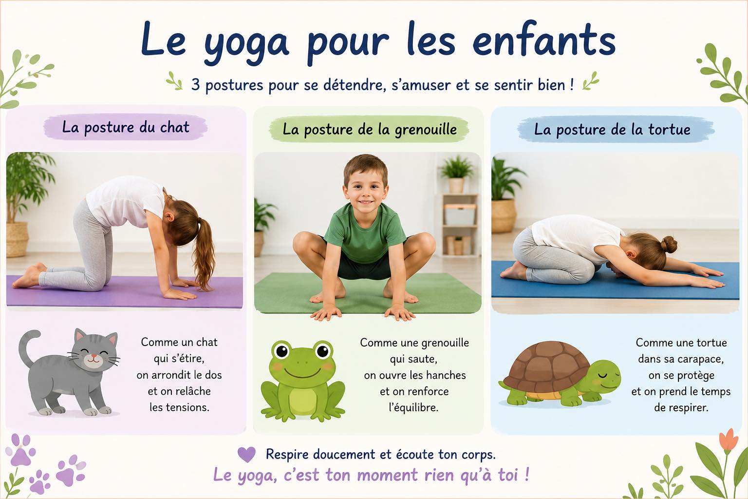Dessins de postures de yoga pour enfants, symbolisant les bienfaits du yoga pour améliorer la concentration, la confiance et le bien-être des jeunes