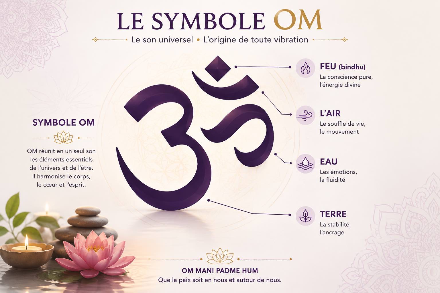 Schéma du symbole Om - Aum expliquant ses différentes parties : les états de conscience et la vibration universelle