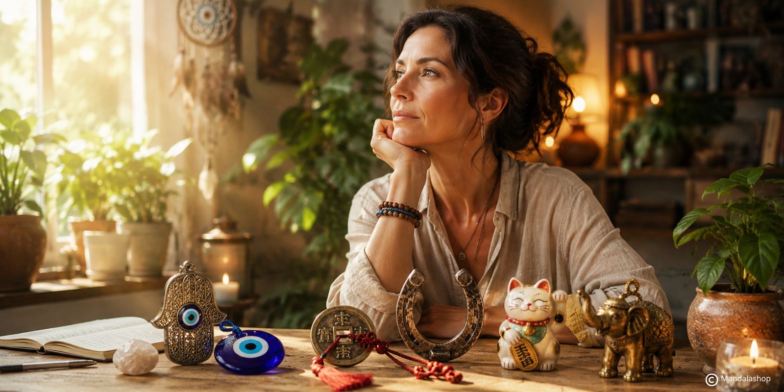 Woman surrounded by symbols of luck and good fortune in a warm and inspiring atmosphere