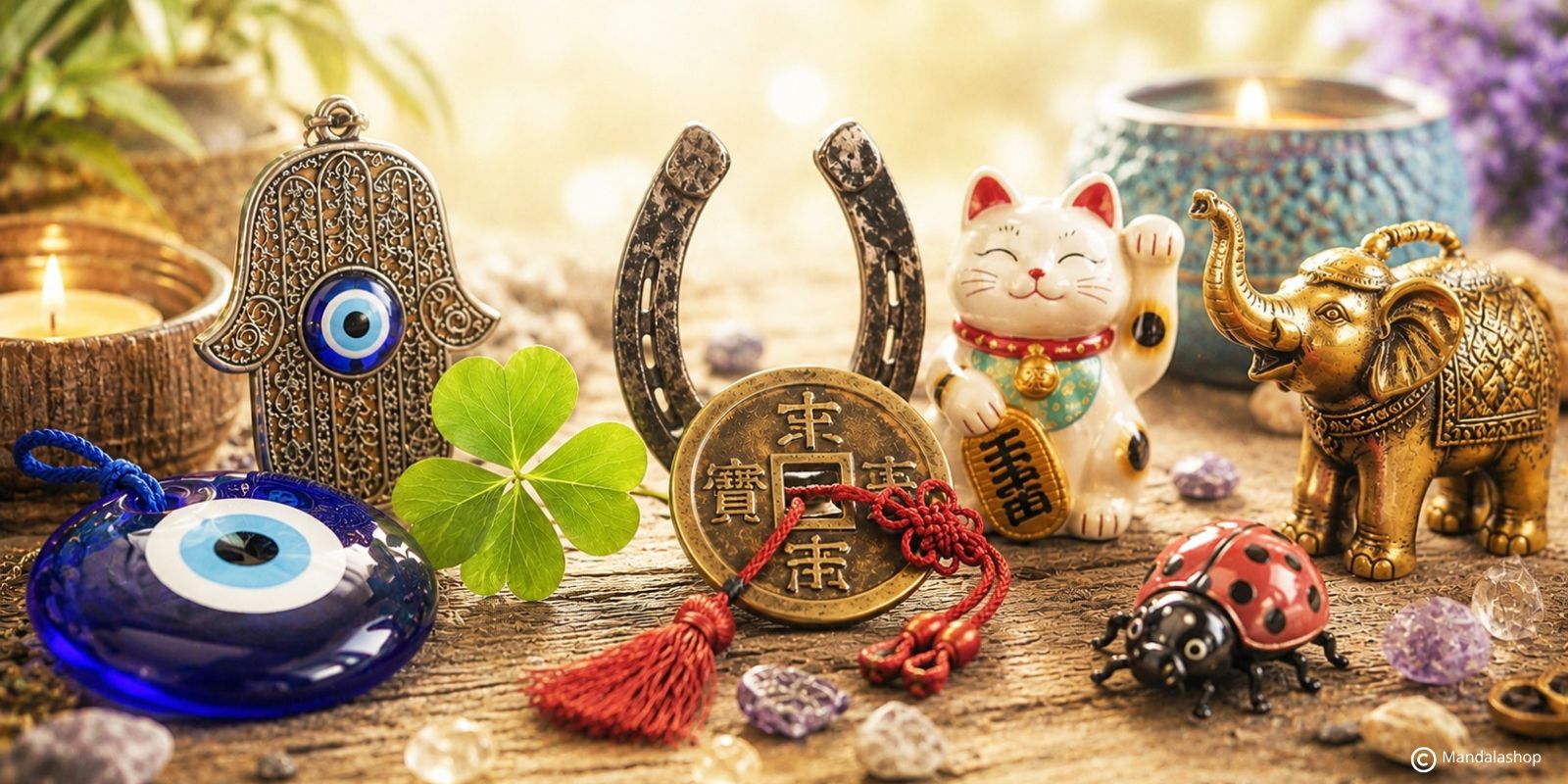 Collection of lucky symbols from around the world: protective eye, horseshoe, Maneki-neko, elephant and clover