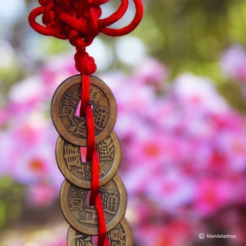 Chinese Feng Shui hanging pieces with red cord, symbol of prosperity and abundance