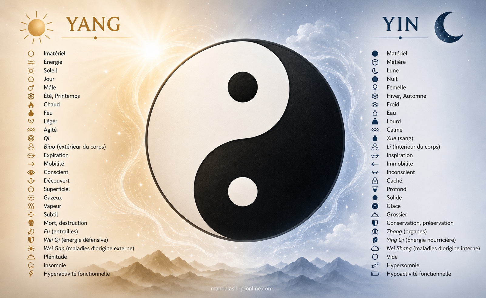 les éneInfographie du symbole Yin Yang illustrant les principales caractéristiques des énergies Yin et Yang, leurs opposés complémentaires et leur équilibre selon la philosophie chinoise.rgies du yin yang