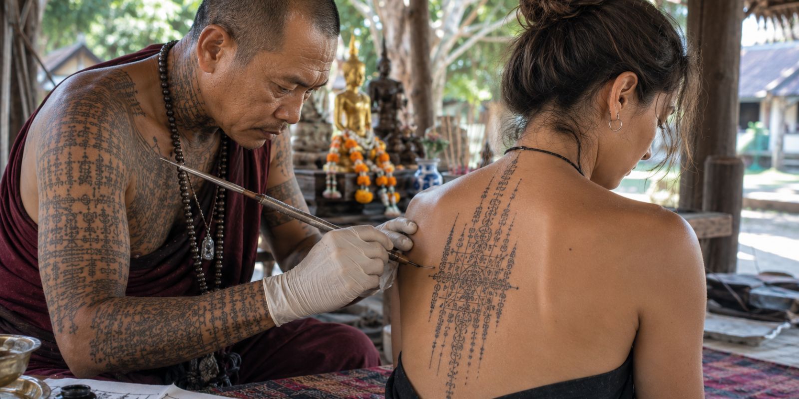 Sak Yant spiritual tattoo ritual performed by a master tattoo artist in Thailand