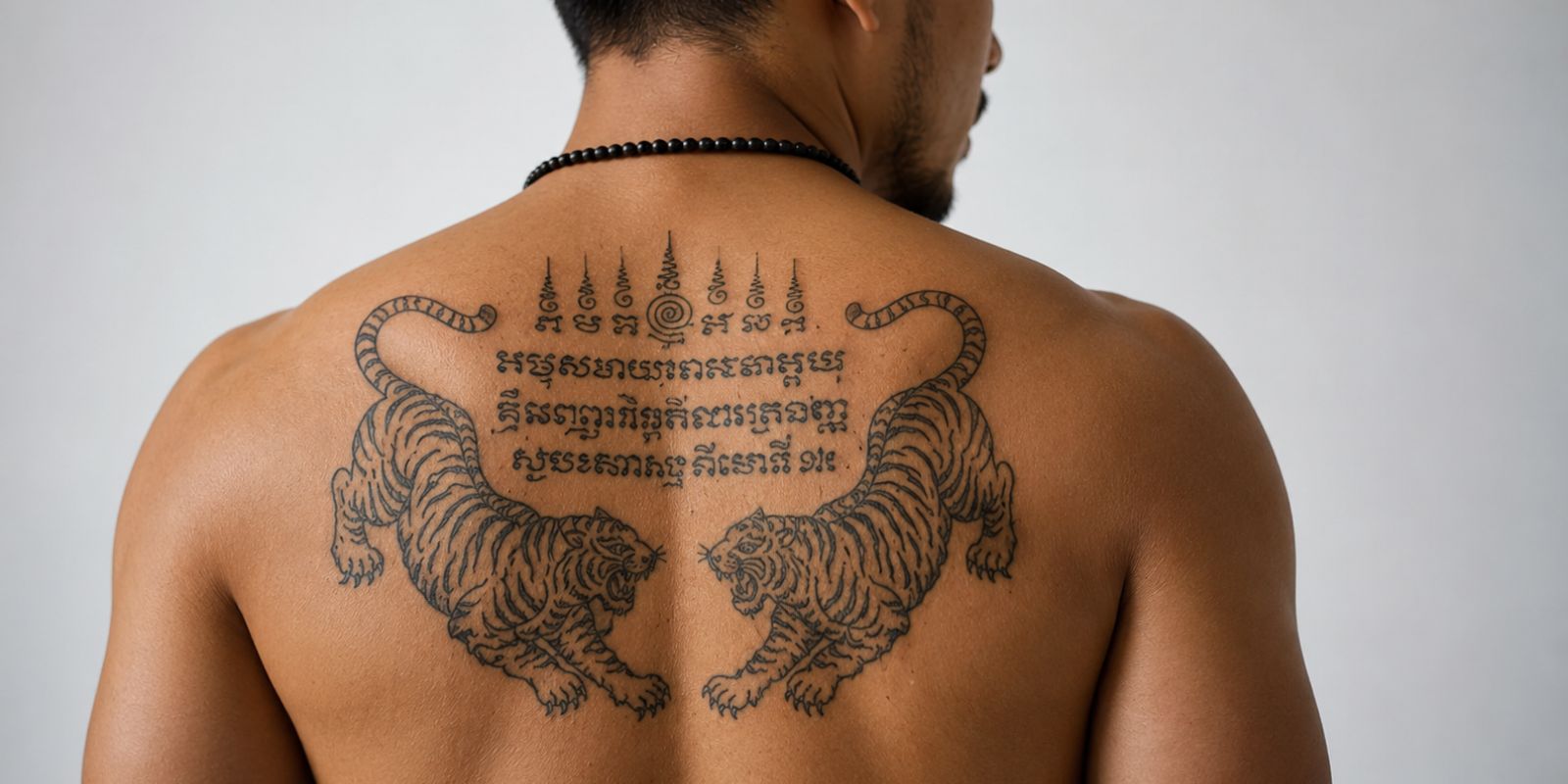 Thai Sak Yant spiritual tattoo depicting two sacred tigers on the back