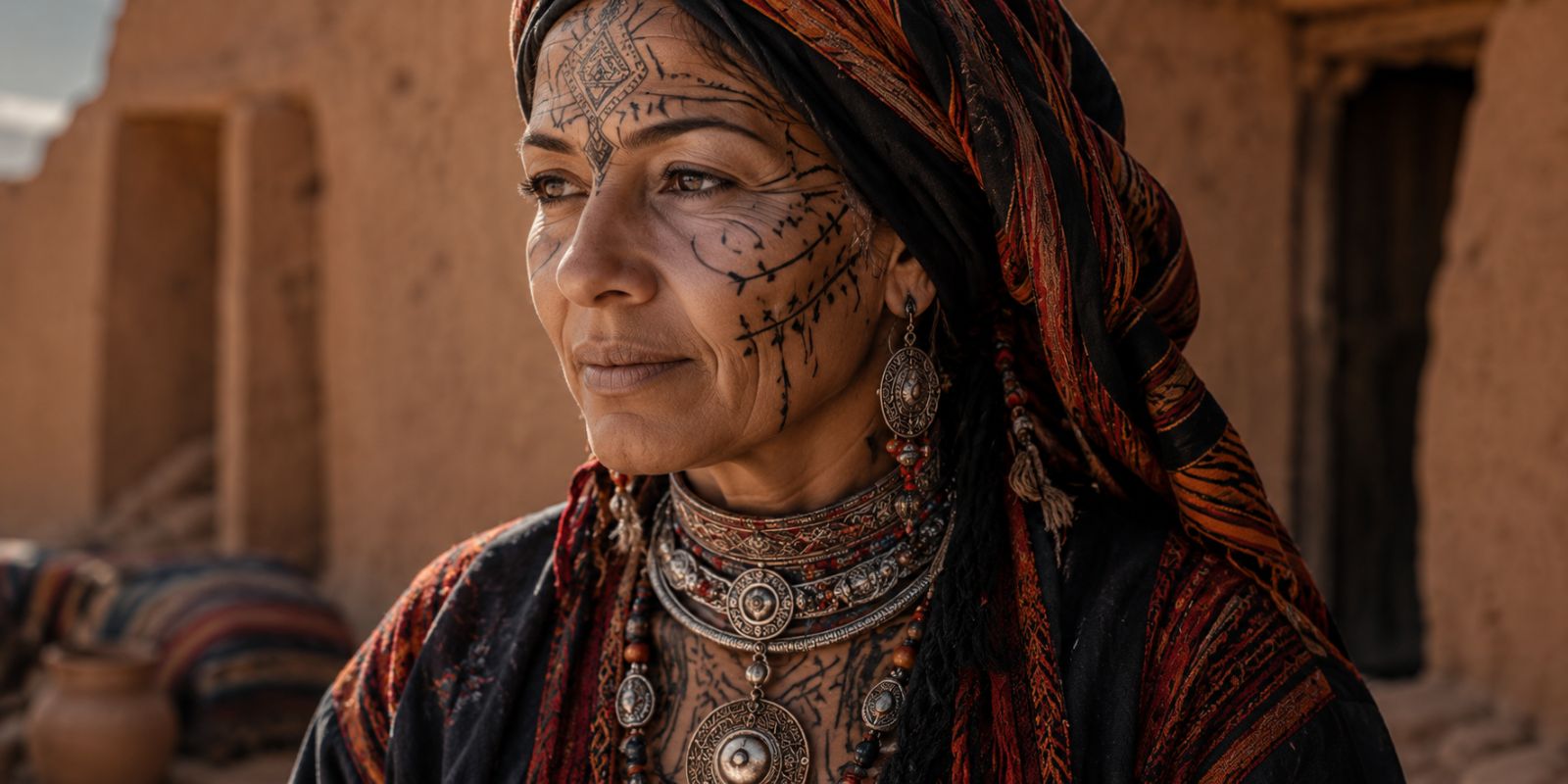 Traditional Berber tattoos on the face of an elderly Amazigh woman