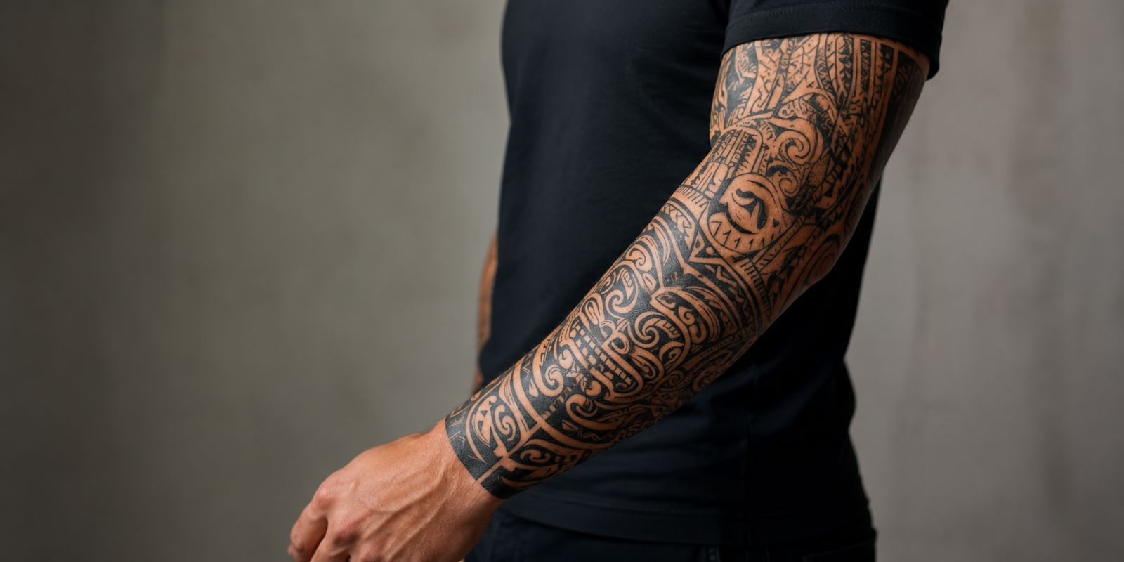 A traditional Maori tā moko tattoo on a man's arm