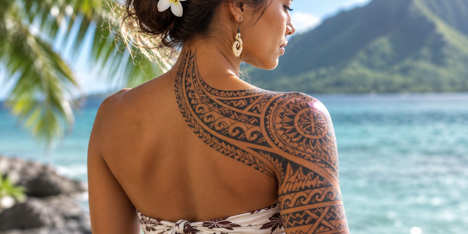Traditional Polynesian tattoo on a woman's shoulder and arm