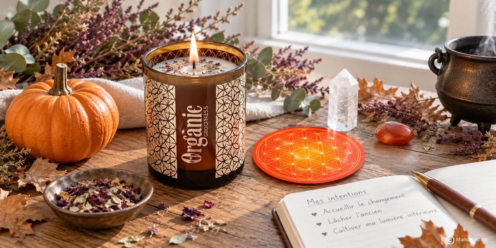 Rituel de Samhain avec bougie, disque Fleur de Vie, cristal de roche et carnet d’intentions en lumière naturelle