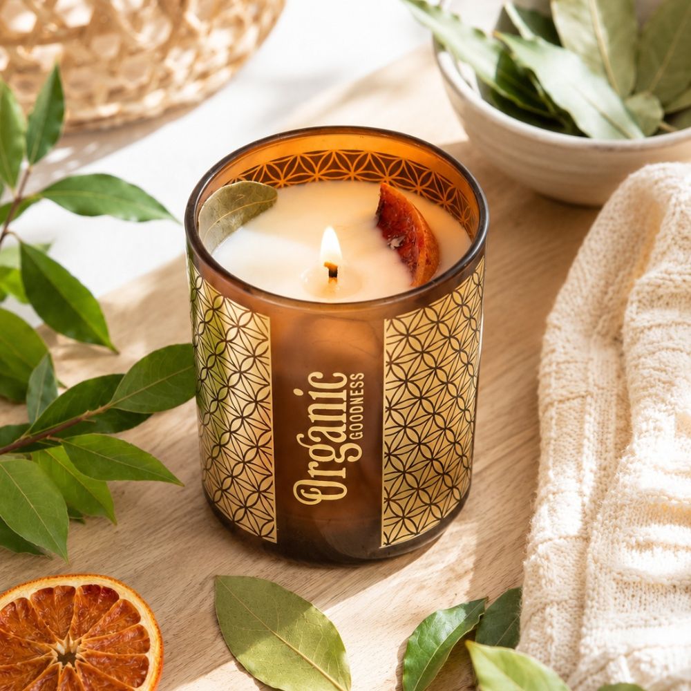 Bougie naturelle allumée dans une ambiance cocooning