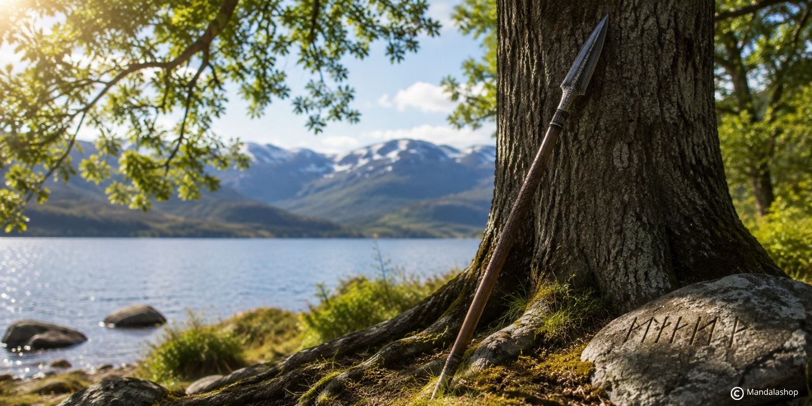Gungnir, la lancia di Odino appoggiata a un albero vicino a un fiordo, in riferimento al sacrificio compiuto da Odino per acquisire la conoscenza delle rune