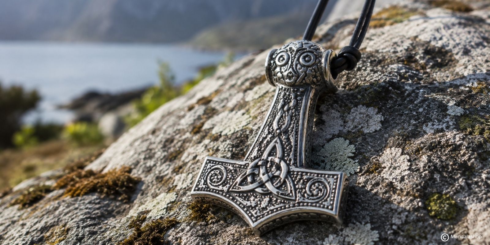 Ciondolo Mjölnir in metallo appoggiato su una roccia, simbolo vichingo che rappresenta il martello di Thor