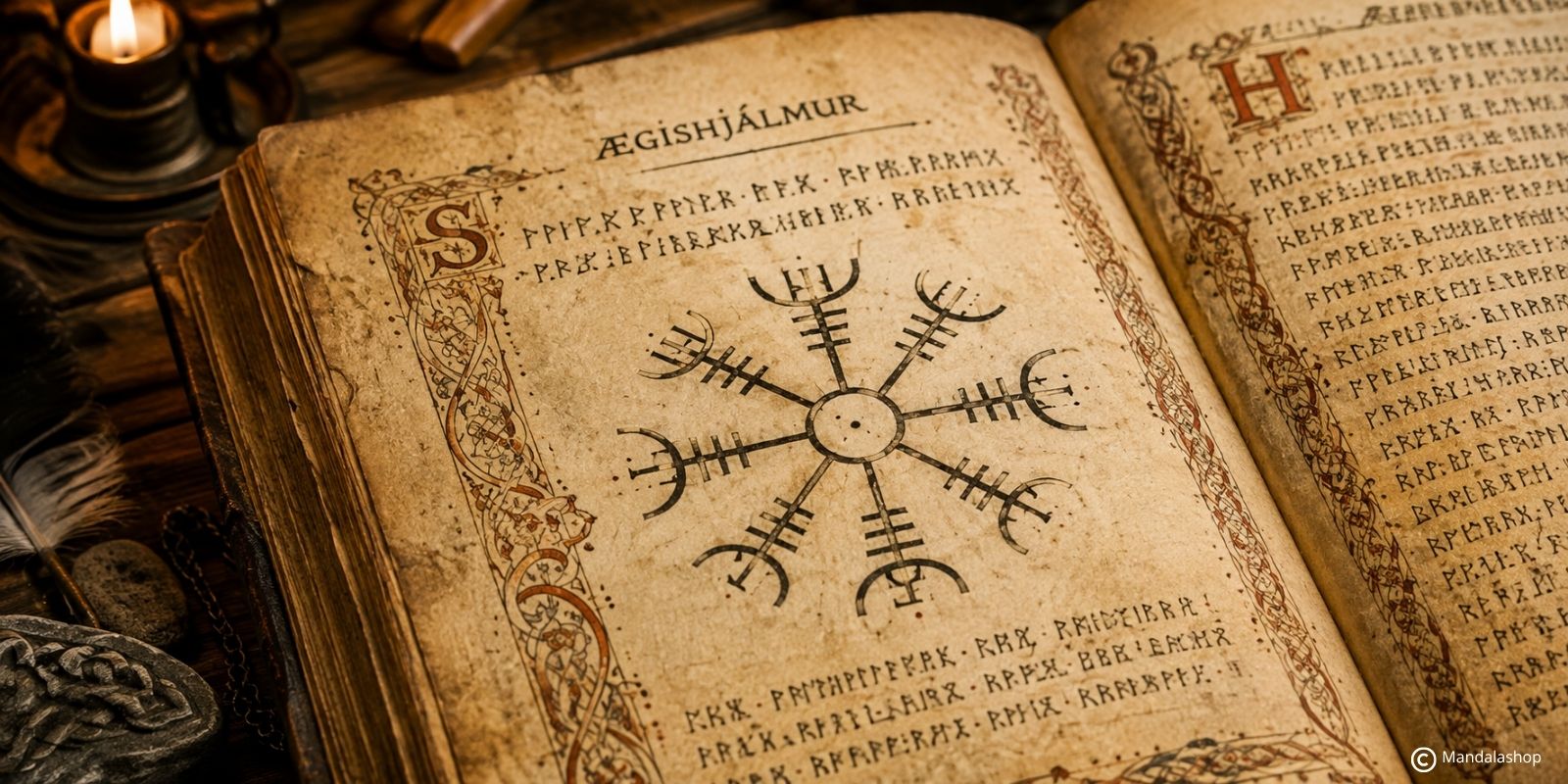 Ægishjálmur raffigurato in un antico manoscritto, simbolo magico della tradizione islandese
