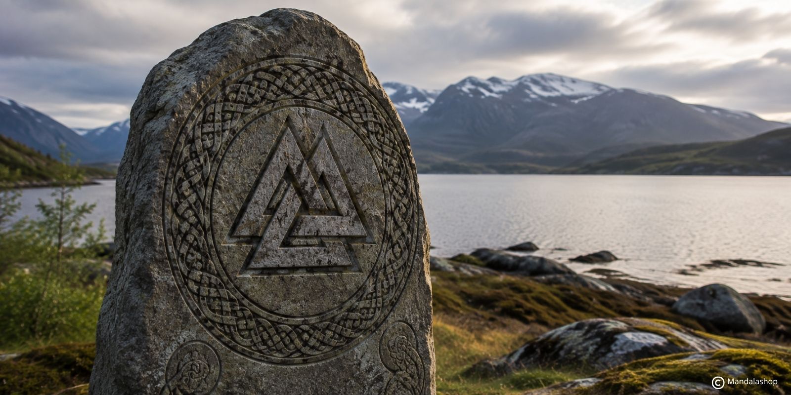 Valknut inciso su una pietra eretta in riva a un fiordo, simbolo vichingo associato a Odino