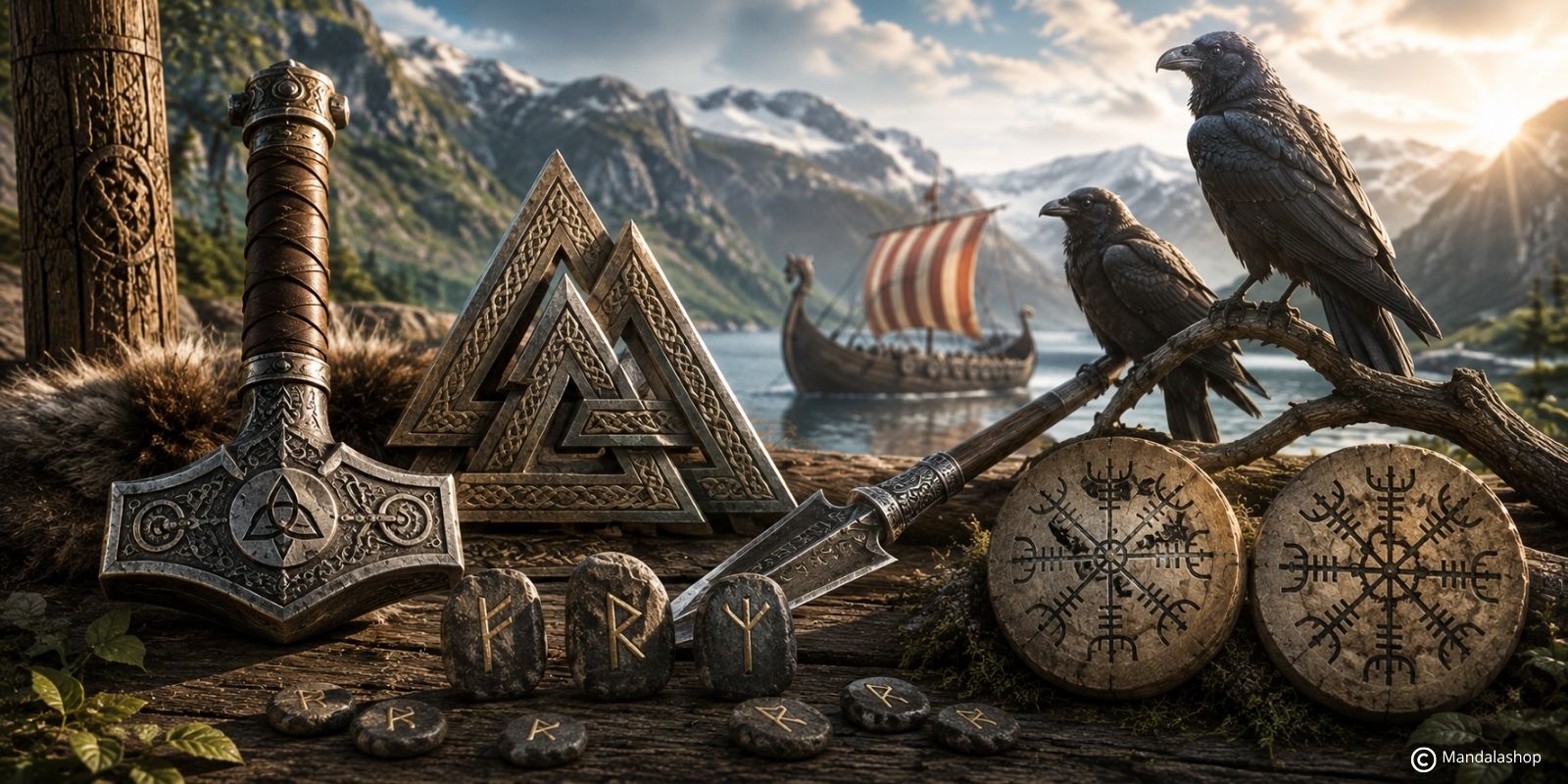 Simboli vichinghi con Mjölnir, il Valknut, Gungnir, le rune e i corvi di Odino davanti a un fiordo