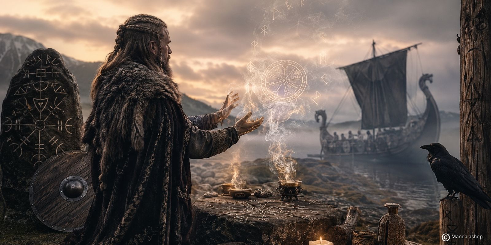 Rituale di magia e protezione ispirato all’epoca vichinga con rune, offerte e fumo rituale