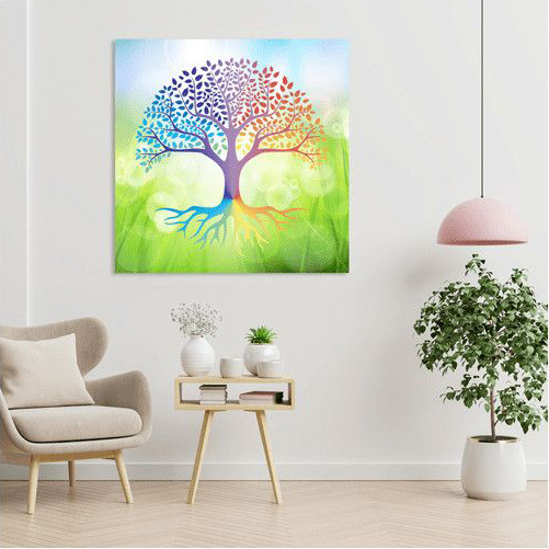 Zen bedroom with a tree of life tray, a Flower of Life canvas, and a Buddha statue, creating a serene and harmonious atmosphere